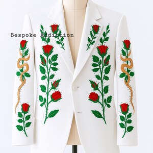 Men White 2Pc Bespoke Floral Rose Leaf Vines Embroidered Rhinestone Country Western Suit Premium Cotton Cocktail Wedding Cowboy Party Outfit