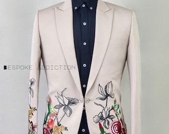 Traje de esmoquin retro para hombre, color beige, de 2 piezas, a medida, con flores bordadas a mano y diamantes de imitación, estilo country western, para cóctel, boda y novio.