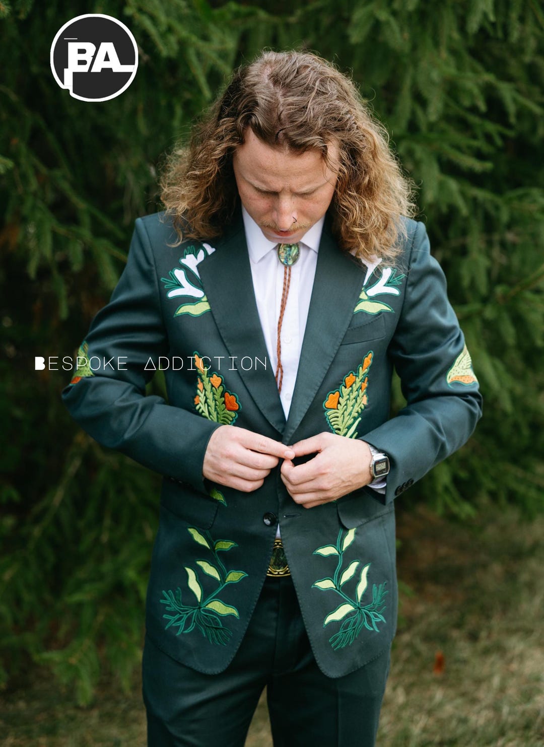 Men Green 2pc Custom Made Floral Flower Leaf Vines Embroidered