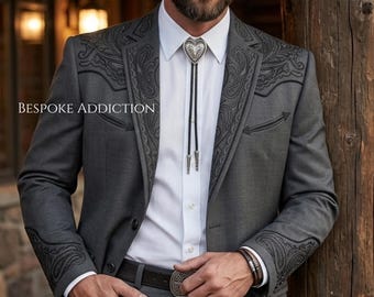 Men Black 2Pc Customised Floral Piping Vines Embroidered Country Western Nudie Suit Retro Smiley Pockets Vintage Wedding Groom Cowboy Outfit