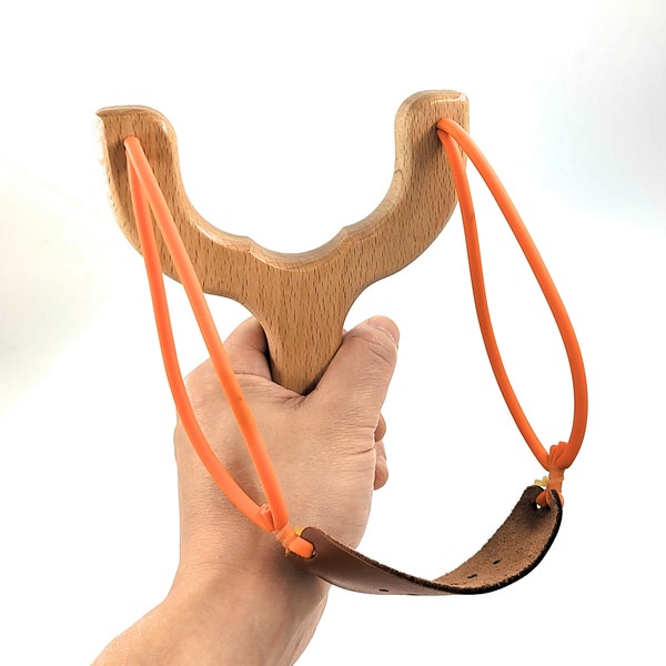 Traditional Wooden Slingshot. High Quality Beech Wood. Two Tension Strings. Wide Opening For Improved Safety. Camping Gear. Family Game.