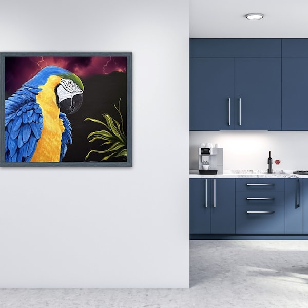 Digital download, Handmade, oil painting, original artwork download, blue and yellow macaw, exotic vibrant bird