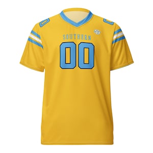 May include: A yellow football jersey with the word "SOUTHERN" above the number "00" in light blue. The jersey has light blue accents on the collar, shoulders, and sleeves. A logo is on the upper right chest.