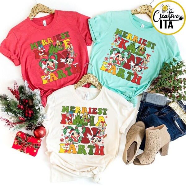 Personalized Mickey and Friends Disney Christmas Merriest Place On Earth Shirt, Disney Family Merriest Mama Dada Christmas Matching Shirt