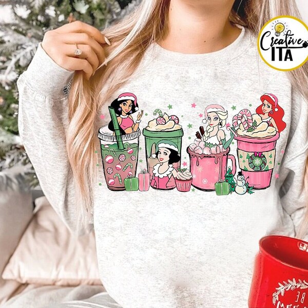 Disney Princess Christmas Coffee Sweatshirt, Pink Christmas shirts, Women Disney Christmas shirts, Xmas Princesses Tee, Magic Kingdom WDW