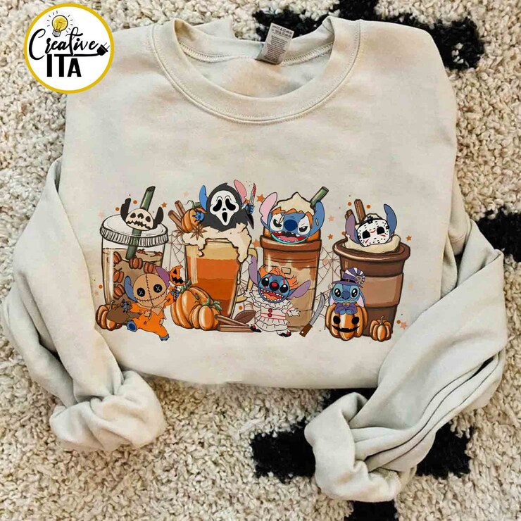 Vintage Stitch Horror Halloween Coffee Shirt, Stitch Halloween Shirts, Horror Movie Characters, Disney Spooky Season Shirt, Disney Trip Tees