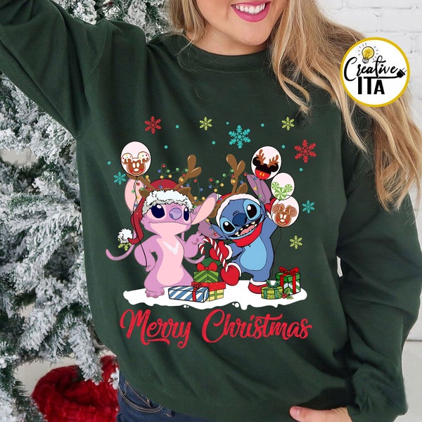 Disney Stitch And Angel Balloon Christmas Light shirts, Disney Christmas Couples shirt, Mickey's Very Merry Christmas Party 2023, Xmas Gifts