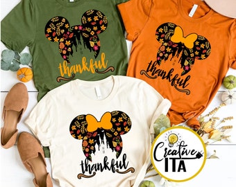 Thankful Mickey Minnie Disney Thanksgiving Shirts, Disney Fall vibes shirt, Disney castle thanksgiving shirt, Autumn Disney Vacation