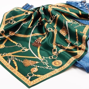 Green Pure 100% Mulberry Silk Scarf, Silk Bandana, Square Scarf, Silk Hair Scarf, Silk Head Scarf, Silk Neck Scarf, Headband, Neckerchief