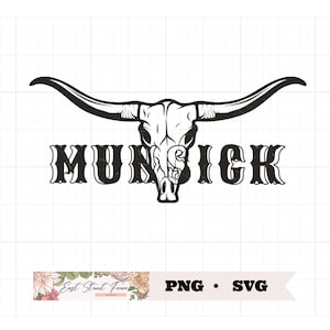 Image Munsick Longhorn PNG SVG, téléchargement numérique, graphique Western, concert d'artiste country, transfert de crâne de taureau Longhorn pour l'artisanat
