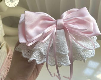 Hair Bow Clip – Baby Pink Satin Silk with White Lace, Elegant Statement Bow