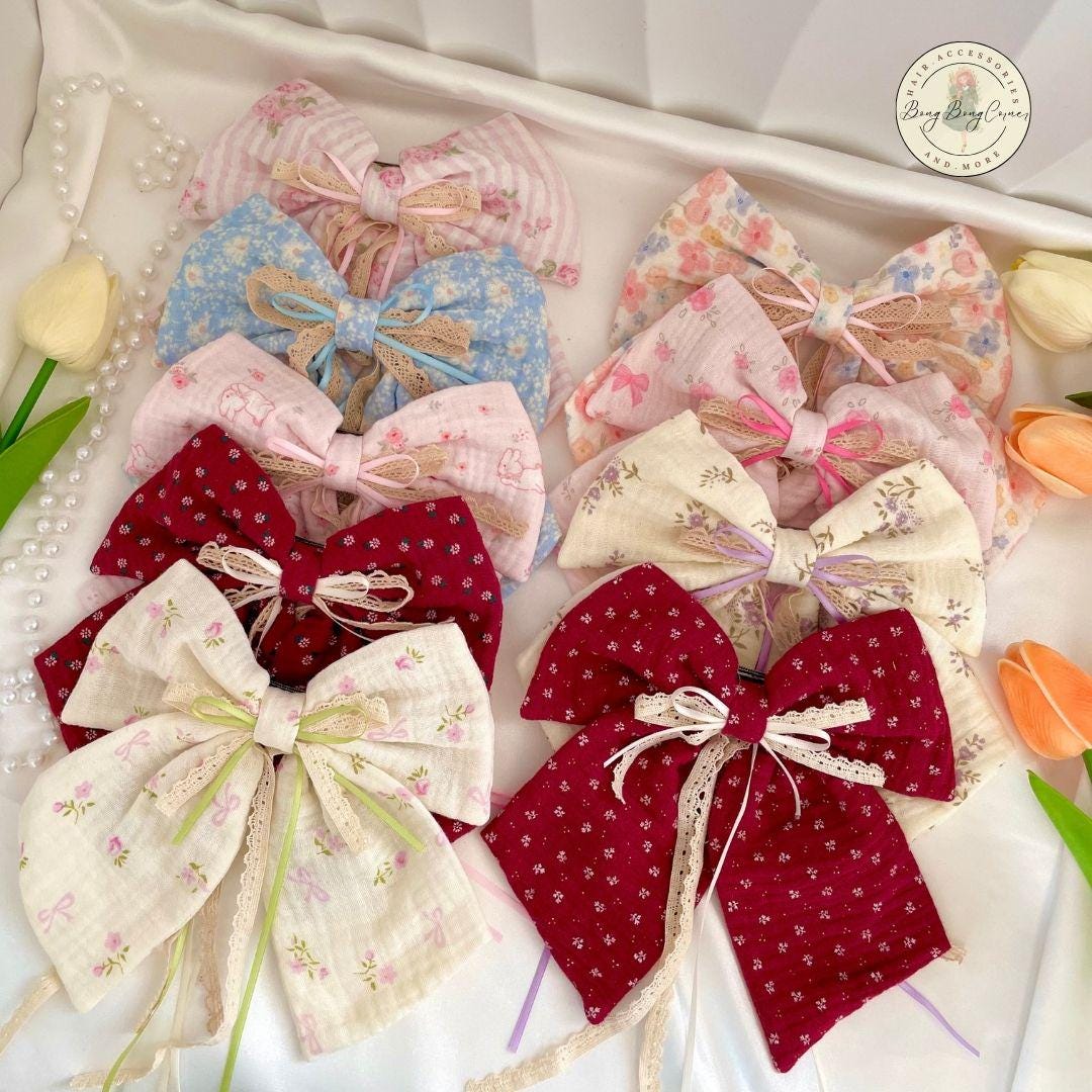 Handmade Cotton Lace Hair Bow Clip: Vintage Cottagecore 
