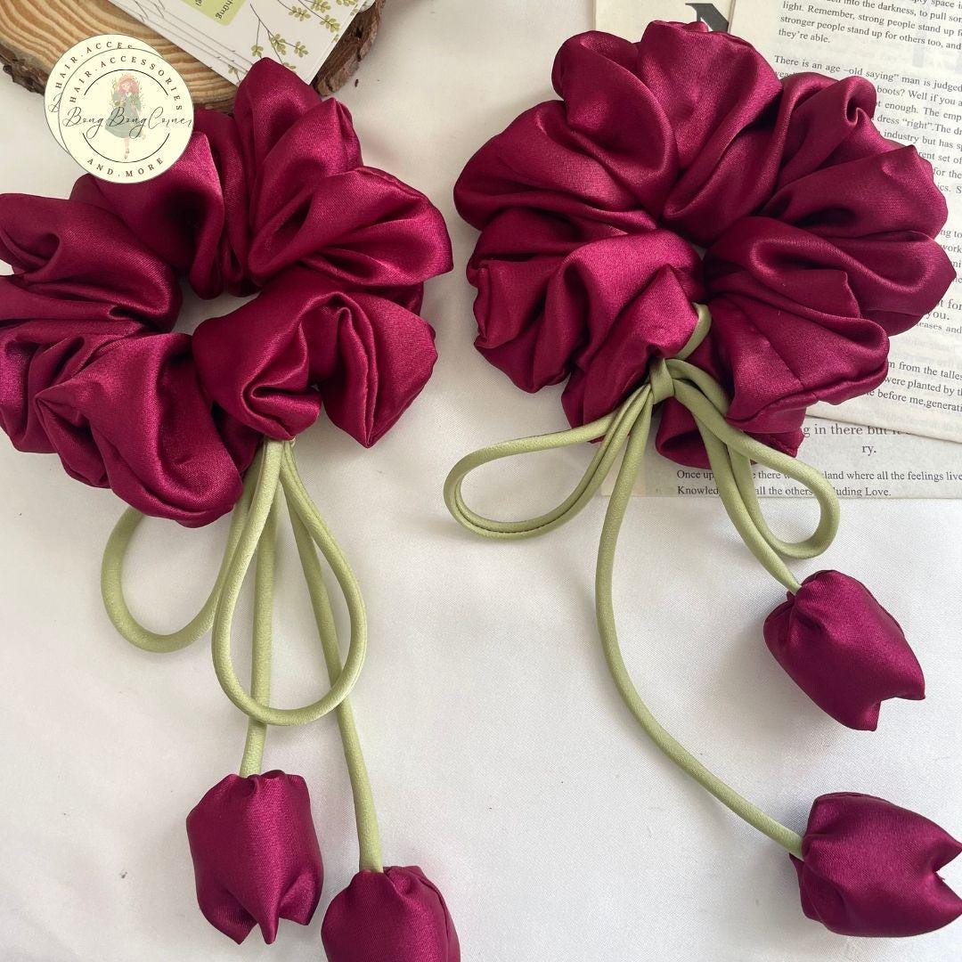Burgundy Satin Scrunchie – Oversized Silky Hair Tie, No Snag  display picture 2