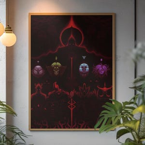 Könnte beinhalten: Ein rechteckiger gerahmter Kunstdruck mit einer dunklen, rot getönten Illustration. Das Kunstwerk zeigt ein zentrales vertikales rotes Symbol über einer Reihe von fünf verschiedenen, farbenfrohen Charakterköpfen, mit einer großen, schattenhaften Figur.