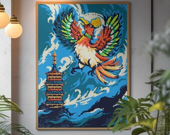 Ho-Oh Poster Pixel Art Legendary Fire Bird Wall Hanging Rainbow Guardian Print Retro Anime Phoenix Canvas Mythical Gaming Room Decoration
