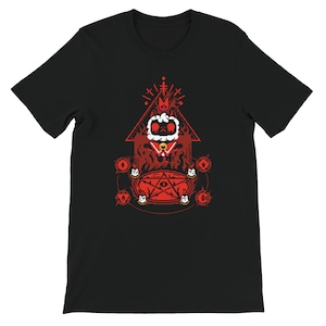 May include: Black t-shirt with a red and white pixelated design of a cat wearing a crown and standing in a pentagram.