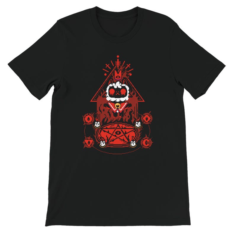 May include: Black t-shirt with a red and white pixelated design of a cat wearing a crown and standing in a pentagram.