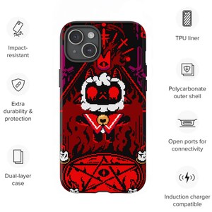 Op de afbeelding: Een rode, zwarte en witte telefoonhoes met een pixelontwerp van een wezen met een rood oog en een pentagram. De hoes is compatibel met draadloos opladen.