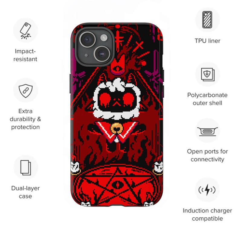 Op de afbeelding: Een rode, zwarte en witte telefoonhoes met een pixelontwerp van een wezen met een rood oog en een pentagram. De hoes is compatibel met draadloos opladen.