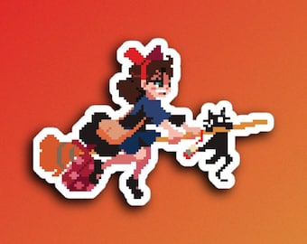 Kikis Delivery Service Sticker Pixel Art Jiji Black Cat Decal Studio Ghibli Merch Anime Witch Cute Miyazaki Aesthetic Laptop Vinyl Sticker