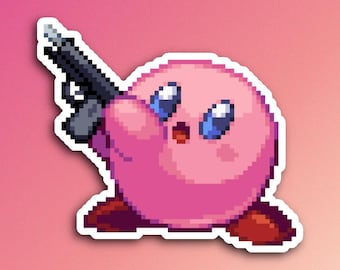 Pegatina de Kirby con pistola en estilo pixel art - Videojuego fanart - Merchandising de videojuegos - Pegatinas retro - Pegatinas bonitas - Pegatina troquelada