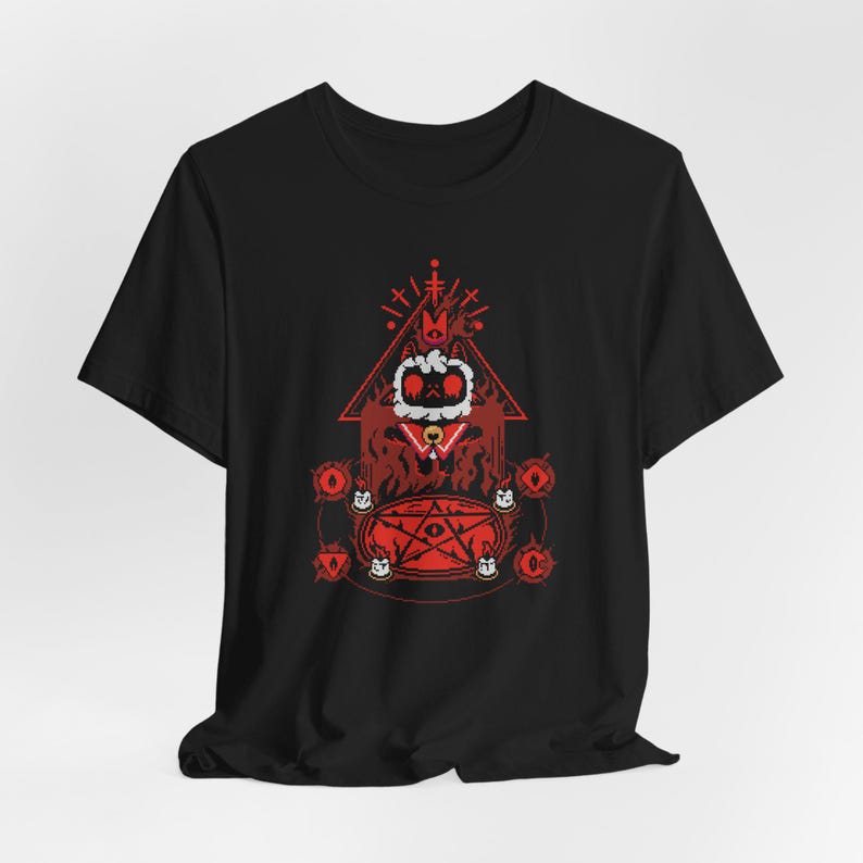 May include: Black t-shirt with a red pixelated design of a cat wearing a crown and a red cape, standing in a pentagram with flames and eyes around it.
