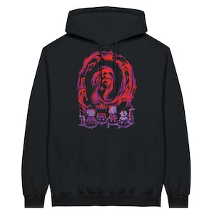 May include: A black hooded sweatshirt featuring a graphic print on the chest. The design displays four small figures standing in a row, facing a large, swirling vortex of red and purple energy that dominates the upper portion of the illustration.