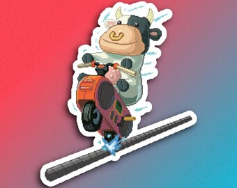 Calcomanía de vaca con caballito - Moo Moo Pixel Art - Videojuego Fanart - Merchandising de videojuegos - Calcomanías de karts - Calcomanías troqueladas