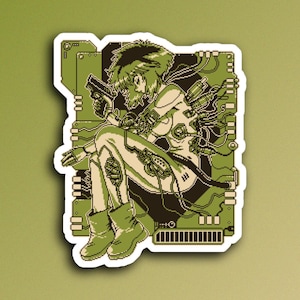 May include: A die-cut sticker featuring pixel art of a cyborg figure with short hair, holding a handgun. The figure is connected to complex circuitry and wires, rendered in a monochromatic olive green and cream color palette on a dark background.