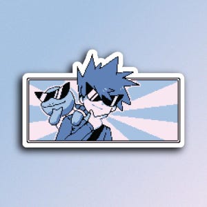 May include: A rectangular sticker featuring pixel art of a spiky-haired character and a small turtle-like creature, both wearing black sunglasses. The design uses a palette of light blue, white, and dark blue, set against a radial striped background.