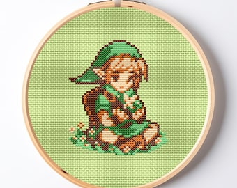 Schema per punto croce TLOZ Link in PDF, ricamo a punto croce ispirato al videogioco retrò Zelda, artigianato geek a piccoli pixel, download immediato da Pattern Keeper totk botw
