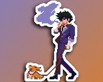 Spike & Ein Sticker Cowboy Pixel Art Anime Decal Retro Space Western Vinyl Laptop Waterbottle Kawaii Cute Gift SciFi Merch Corgi Bebop