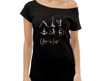 Yoga is Life Off The Shoulder Tee Cold Shoulder Tops for Yoga Lover Gifts for Her Yoga Skeletons Gifts for Yoga Lovers