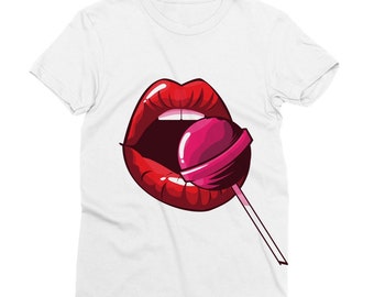 Lollipop Lips Classic Women's T-Shirt Perfectly Gifted Trendie-Shirt Gift for Her Red Lips Tee Pink Lollipop Shirt Gifts for Her