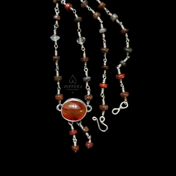 Ancient Roman Carnelian Pendant , Silver Hellenic Necklace with Gemstone Beaded Chain , Handcrafted Jewels Inspired by Classical Antiquity