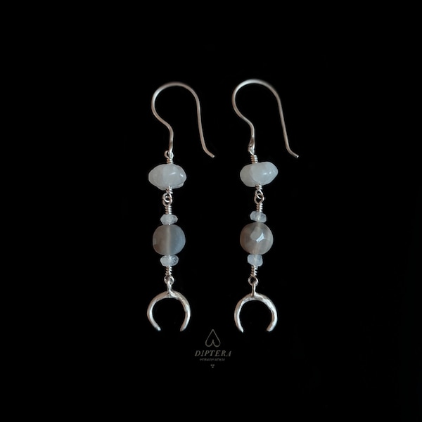 Ancient Roman Silver Lunula Earrings with Moonstone Beads , Handcrafted Jewelry Inspired by Classical Antiquity , Archaeological Revival