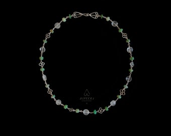 Byzantine Inspired Silver Quatrefoil Necklace , Handcrafted Ancient Style Chrysoprase and Quartz Beaded Chain with Ivy Leaf Formed Closures