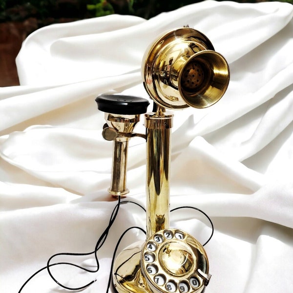 Vintage Brass Telephone For Home & Office Decor - Handmade Western Candlestick Telephone With Rotary Dial - Best Desk Decor Item To Gift