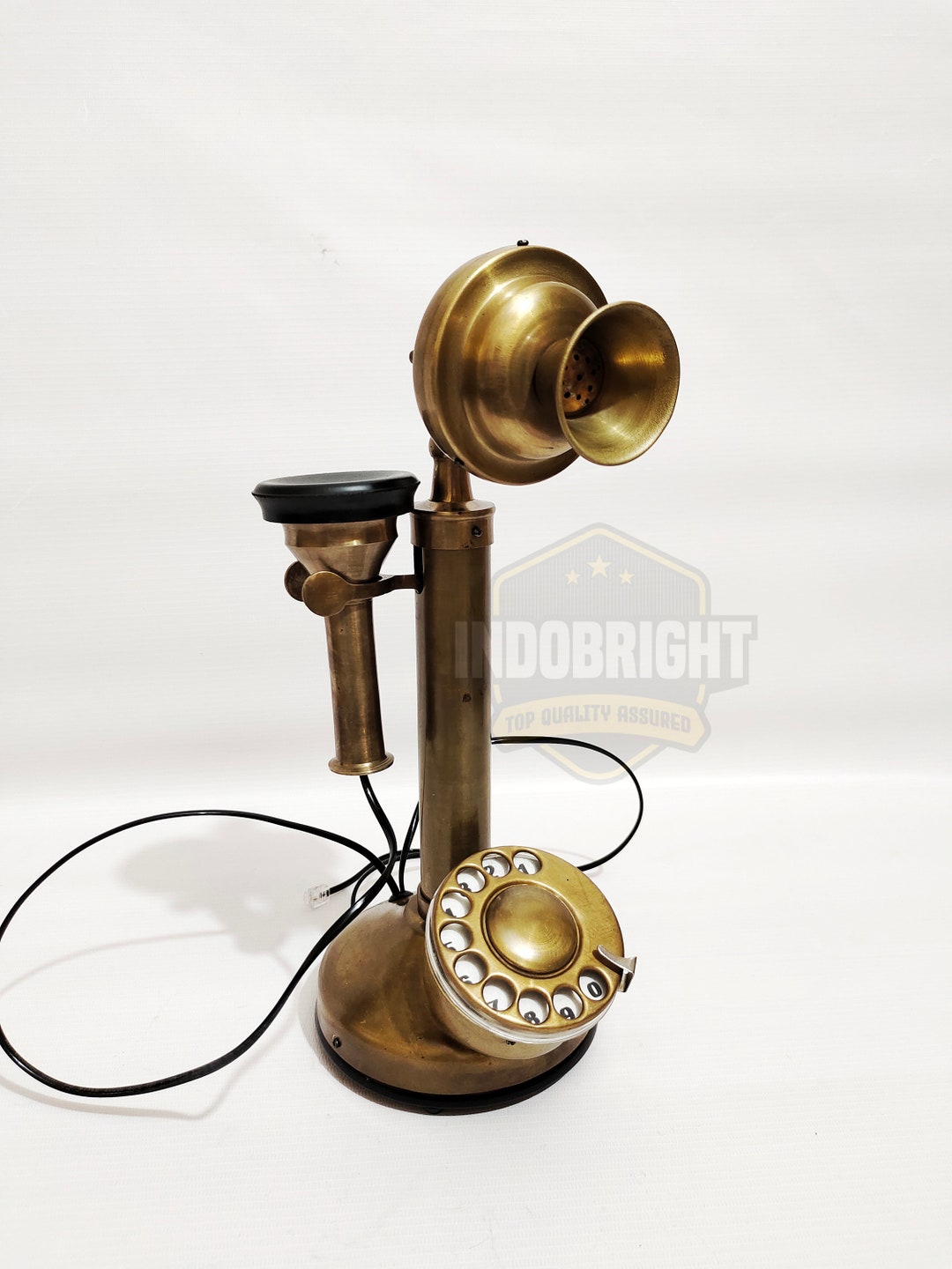 Antique Brass Landline Telephone With Rotary Dial Vintage Western