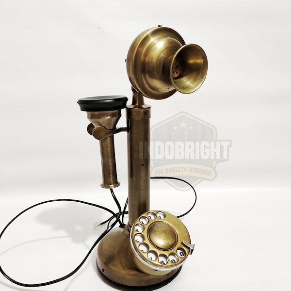 Antique Brass Landline Telephone With Rotary Dial - Vintage Western Candlestick Telephones For Home Decor Gift For Anniversary Tabletop Gift