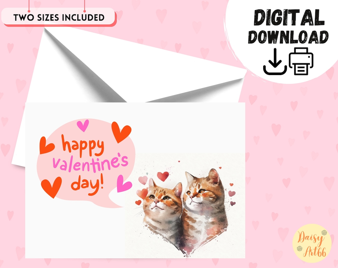 Valentines Day Card Printable / Cat Valentines Day Card / - Etsy