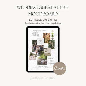 Scheda con i dettagli dell'abbigliamento degli invitati al matrimonio, Scheda con l'abbigliamento del matrimonio, Scheda con i dettagli dell'invito, Modello Canva, Modello di scheda con il dress code, Moodboard del matrimonio