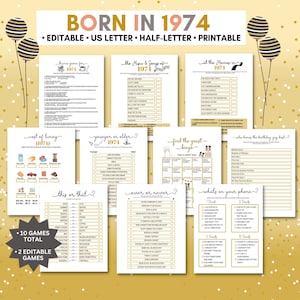 51er Geburtstags-Party Spiele-Bundle | Geboren 1974 Spiele | Bearbeitbare Geburtstagsparty-Spiele | 1974 Trivia Spiele | Finde das Gast-Bingo