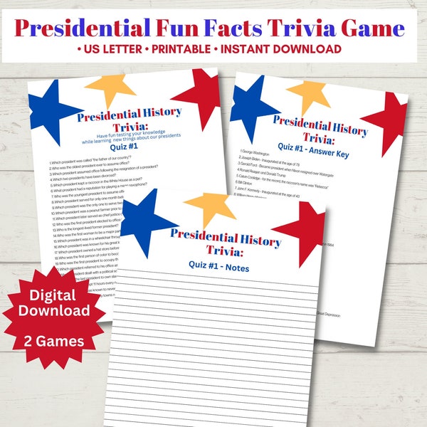 Presidents' Day Trivia Game - | Triva Quiz | Presidents Day Games | Presidential Trivia | Presidential Trivia | Printable Party Games |