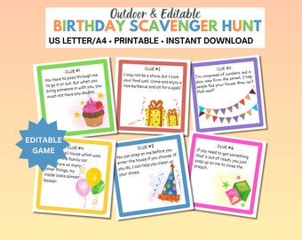 Editable Birthday Outdoor Scavenger Hunt, Birthday Treasure Hunt for kids and tweens, Home Scavenger Hunt, Party games for kids