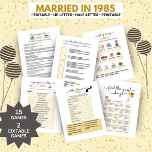 Paquete de juegos para la fiesta del 40.º aniversario de bodas, Aniversario de Rubí, Casados en 1985, Juegos de ames editables, Bingo para encontrar al invitado, Rompehielos