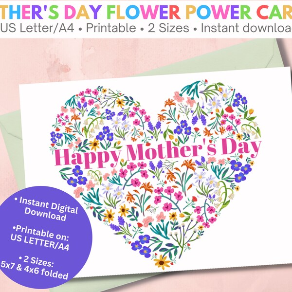 Printable Mothers Day Floral Card with heart motif | Mothers Day card for daughter | Trendy Heart & Flower Card for Mom | Happy Mothers Day