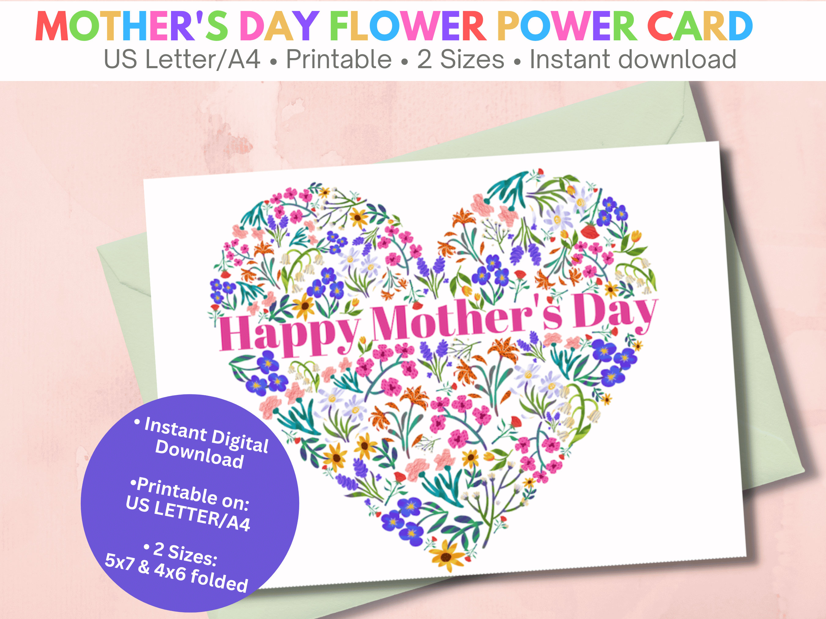 Printable Mothers Day Floral Card With Heart Motif | Mothers Day Card ...