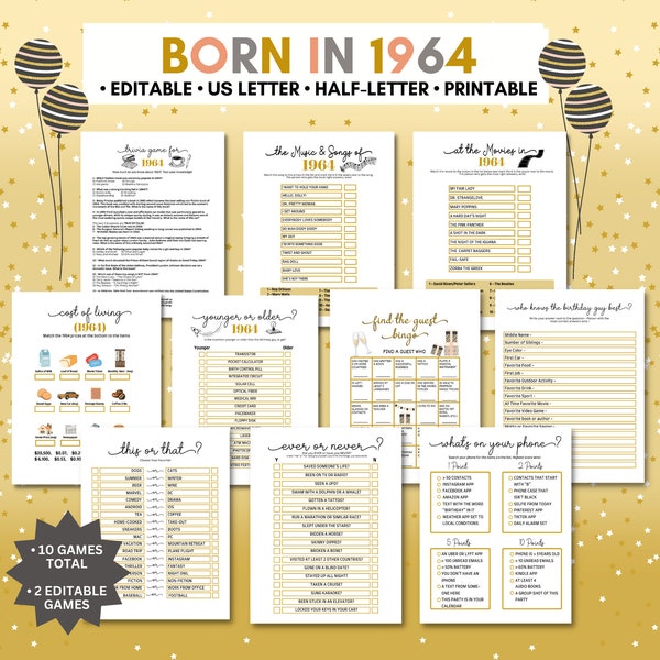 60th Birthday Party Games Bundle | Born in 1964 Games | Editable Sixtieth Birthday Party Games | 1964 Trivia Games | Find the Guest Bingo