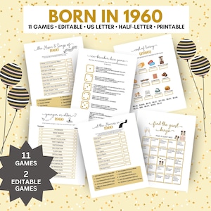 65th Birthday Party Games, Editable Born in 1960 Games Bundle, Sixty-Fifth Birthday Party, Games, 1960 Trivia Games, Find the Guest Bingo